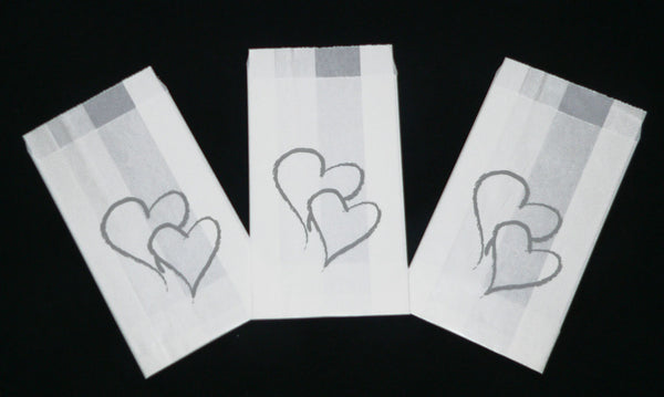 Wedding - Christening or Anniversary- White Grease Proof Cake Bags - Twin Silver Heart x 10 Pack