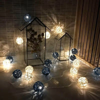 Black and White Cane Wicker Rattan Ball Style -5m Long Battery Powered fairy lights xmas noir gothic party event table centrepiece decoration