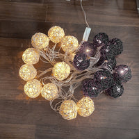 Black and White Cane Wicker Rattan Ball Style -5m Long Battery Powered fairy lights xmas noir gothic party event table centrepiece decoration