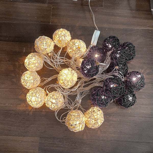 Black n White Rattan Cane Wicker Balls  -LED Mains Plug Lights - 5 metre long - party event decoration