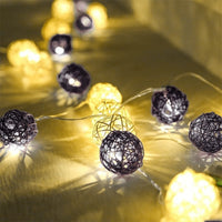 Black and White Cane Wicker Rattan Ball Style -5m Long Battery Powered fairy lights xmas noir gothic party event table centrepiece decoration
