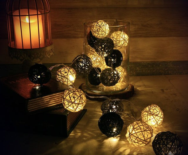 Black and White Cane Wicker Rattan Ball Style -2m Long Battery Powered fairy lights xmas noir gothic party event table centrepiece decor