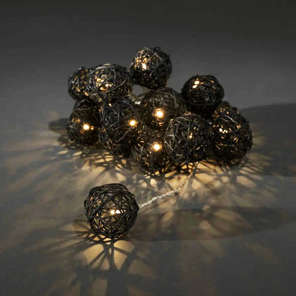 All Black Rattan Cane Wicker Balls  -LED Mains Plug Lights - 5 metre long - party event decoration