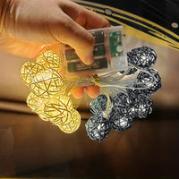 Black and White Cane Wicker Rattan Ball Style -5m Long Battery Powered fairy lights xmas noir gothic party event table centrepiece decoration