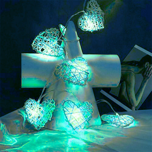 Turquoise Blue Rattan Heart -LED Mains Plug Lights - 5 metre long - Romantic Valentines Wedding Decoration Gift