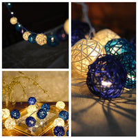 Navy Blue and White Cane Wicker Rattan Ball Style -2m Long Battery Powered fairy lights xmas beach party event table centrepiece decor