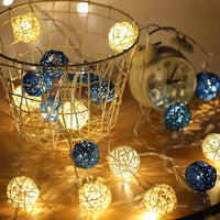 Navy Blue and White Cane Wicker Rattan Ball Style -2m Long Battery Powered fairy lights xmas beach party event table centrepiece decor