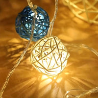Navy Blue and White Cane Wicker Rattan Ball Style -2m Long Battery Powered fairy lights xmas beach party event table centrepiece decor