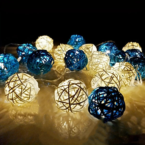 Blue n White Cane Wicker Balls  -LED Mains Plug Lights - 5 metre long - party event decoration