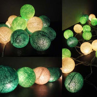 Greens n White Cotton Ball Mix, 5cm Balls - 2 metre Long Battery Powered Wire String -   garden party event lights