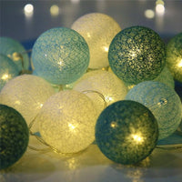 Greens n White Cotton Ball Mix, 5cm Balls - 2 metre Long Battery Powered Wire String -   garden party event lights