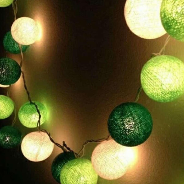Green n White Cotton Ball 5cm - Mains Power- 5m with 30 LED Bulb fairy light string Garden Eco Party Decor Homeware