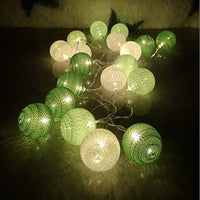 Greens n White Cotton Ball Mix, 5cm Balls - 2 metre Long Battery Powered Wire String -   garden party event lights
