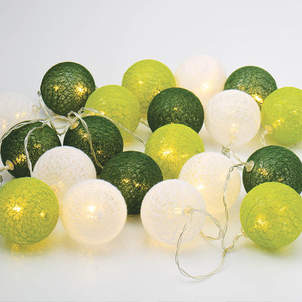 Greens n White Cotton Ball Mix, 5cm Balls - 2 metre Long Battery Powered Wire String -   garden party event lights