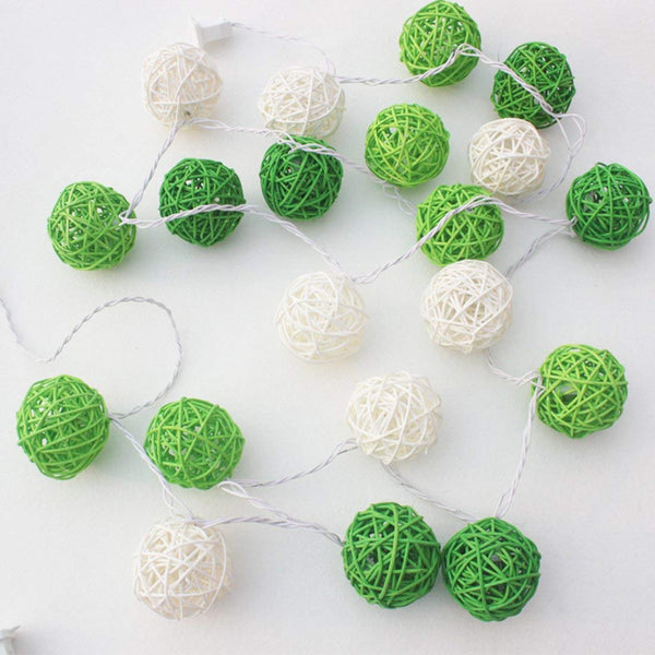 Green and White Cane Wicker Rattan Ball Style -2m Long Battery Powered fairy lights xmas garden eco party event table centrepiece decor