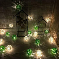 Green and White Cane Wicker Rattan Ball Style -5m Long Battery Powered fairy lights xmas garden eco party event table centrepiece decor