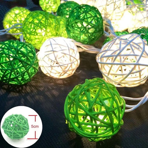 Green n White Cane Wicker Balls  -LED Mains Plug Lights - 5 metre long - party garden event decoration