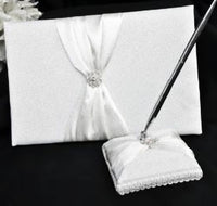 Wedding Guest Book White Hardcover Register Anniversary Birthday Elegant Matching Silver Pen and Pen Stand