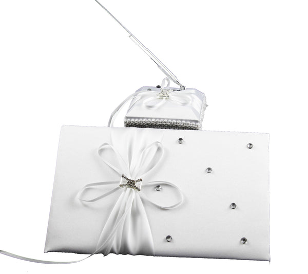 Wedding Guest Register Sign In Messages Book White Hardcover Anniversary Birthday Elegant Matching Silver Pen and Pen Stand