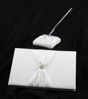 Wedding Guest Book White Hardcover Register Anniversary Birthday Elegant Matching Silver Pen and Pen Stand