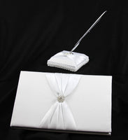 Wedding Guest Book White Hardcover Register Anniversary Birthday Elegant Matching Silver Pen and Pen Stand