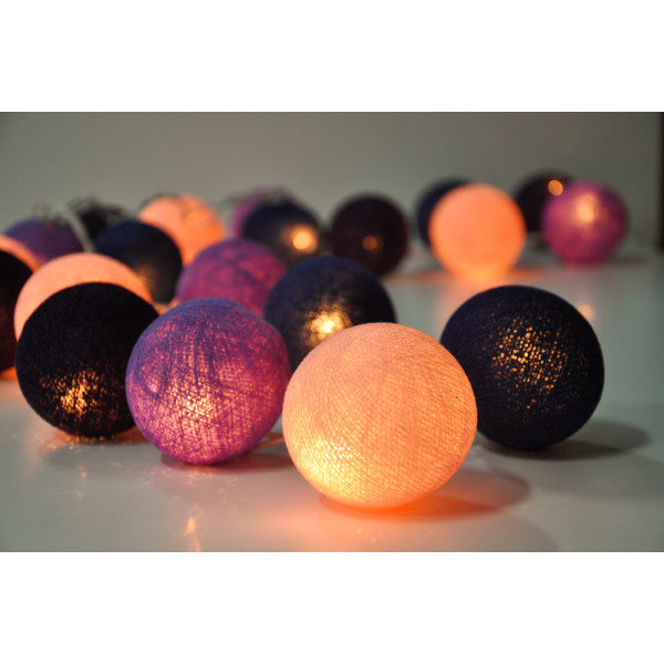 Mixed Purple Lilac Violet Cotton Ball 5cm Ball Mix - 2 Metre Battery Powered -  fairy party room lights decor
