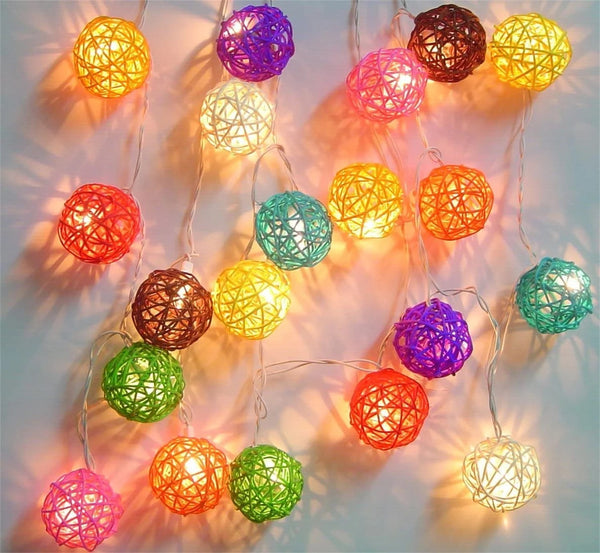 Multicoloured Rainbow Cane Wicker Rattan Ball Style - 2m Long Battery Powered fairy lights xmas birthday party event table centrepiece decor