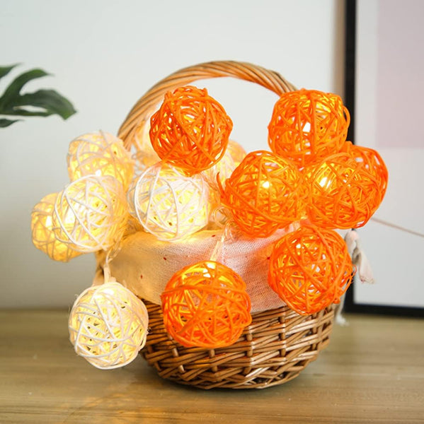 Orange n White Cane Wicker Balls  -LED Mains Plug Lights - 5 metre long - party garden event decoration