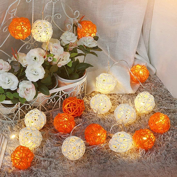 Orange and White Cane Wicker Rattan Ball Style - 2m Long Battery Powered fairy lights xmas birthday party event table centrepiece decor