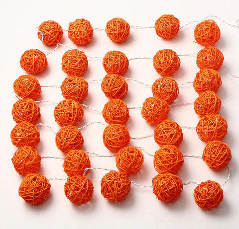 Orange Cane Wicker Balls  -LED Mains Plug Lights - 5 metre long - party event decoration