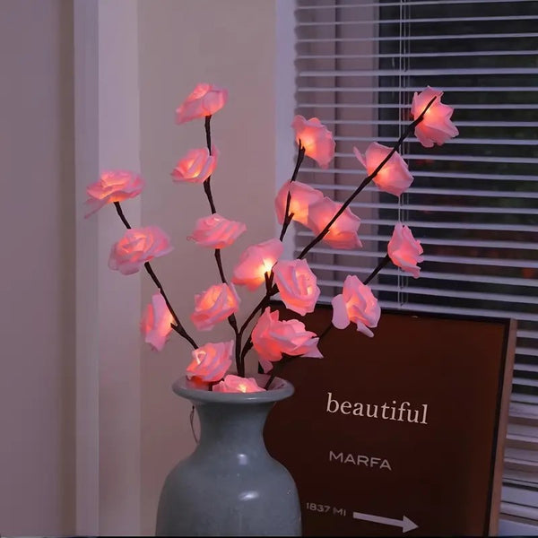Pink Roses bunch of flowers on stems - battery powered table centrepiece fairy lights - Medium