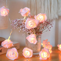 Pink roses table decoration or centrepiece - battery powered string fairy lights - 2 metre long