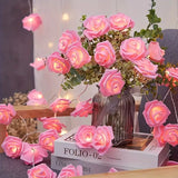 Pink roses table decoration or centrepiece - battery powered string fairy lights - 2 metre long