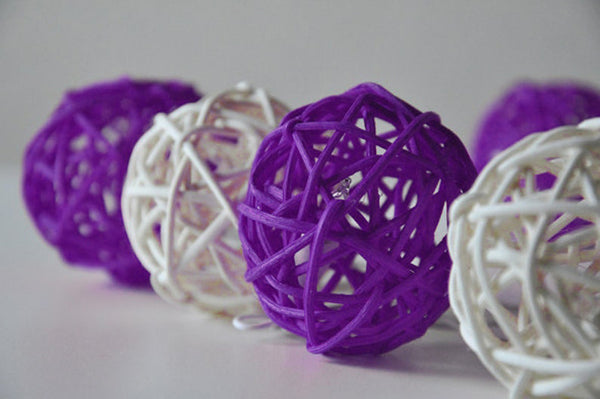 Purple and White Cane Wicker Rattan Ball Style - 2m Long Battery Powered fairy lights xmas birthday party event table centrepiece decor