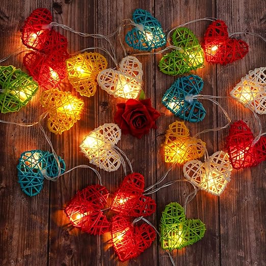 Multicoloured Cane Rattan Heart -LED Mains Plug Lights - 5 metre long - Romantic Valentines Wedding Decoration Gift