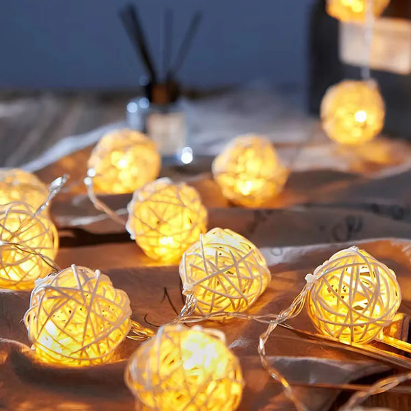 White Rattan Ball Decorative Party Wedding LED Lights Wedding Decor - 10 metre long with 100 bulb/balls Xmas decor