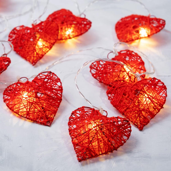 Red Cane Rattan Heart -LED Mains Plug Lights - 5 metre long - Romantic Valentines Decoration Gift