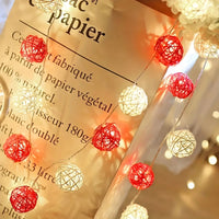 Red n White Natural Cane Wicker Rattan 5cm Ball - 2m Long Battery Powered fairy lights xmas party event table centrepiece decor