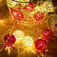 Red n White Natural Cane Wicker Rattan 5cm Ball - 2m Long Battery Powered fairy lights xmas party event table centrepiece decor