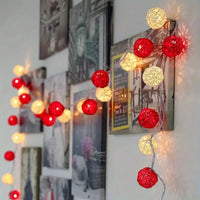Red n White Natural Cane Wicker Rattan 5cm Ball - 2m Long Battery Powered fairy lights xmas party event table centrepiece decor