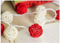 Red n White Natural Cane Wicker Rattan 5cm Ball - 2m Long Battery Powered fairy lights xmas party event table centrepiece decor
