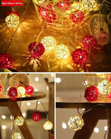 Red n White Natural Cane Wicker Rattan 5cm Ball - 2m Long Battery Powered fairy lights xmas party event table centrepiece decor
