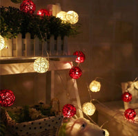 Red n White Natural Cane Wicker Rattan 5cm Ball - 2m Long Battery Powered fairy lights xmas party event table centrepiece decor