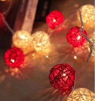 Red n White Natural Cane Wicker Rattan 5cm Ball - 2m Long Battery Powered fairy lights xmas party event table centrepiece decor
