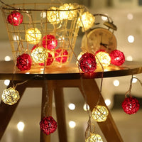 Red n White Natural Cane Wicker Rattan 5cm Ball - 2m Long Battery Powered fairy lights xmas party event table centrepiece decor