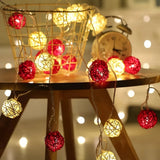 Red n White Natural Cane Wicker Rattan 5cm Ball - 2m Long Battery Powered fairy lights xmas party event table centrepiece decor