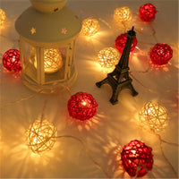 Red n White Natural Cane Wicker Rattan 5cm Ball - 2m Long Battery Powered fairy lights xmas party event table centrepiece decor