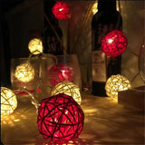 Red n White Natural Cane Wicker Rattan 5cm Ball - 2m Long Battery Powered fairy lights xmas party event table centrepiece decor