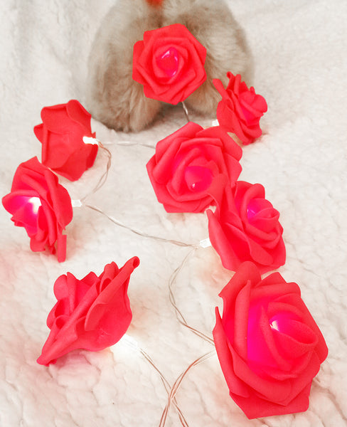 Red roses table decoration or centrepiece - 5 Metre Long battery powered string fairy lights