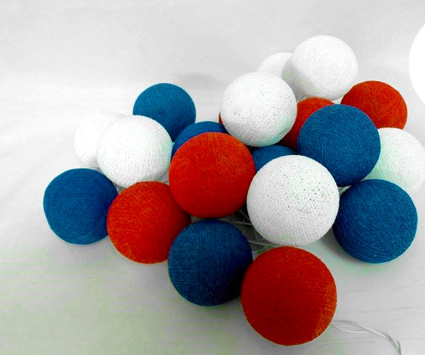 Red White n Blue Cotton Ball Mix, 5cm Balls - 2 metre Long Battery Powered Wire String -  sport team party event lights